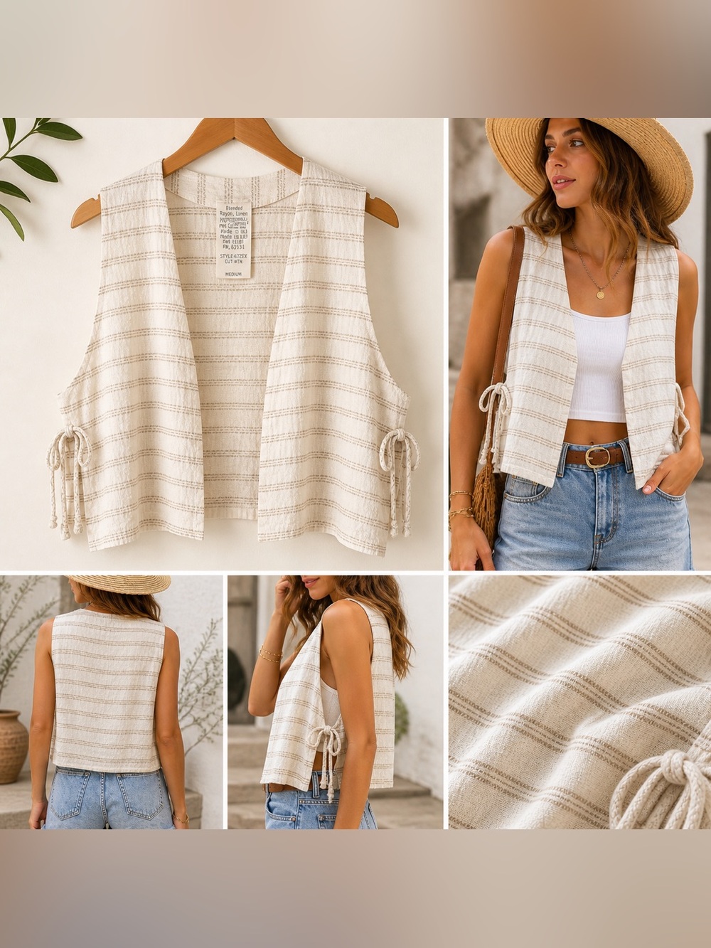 Linen Blend Matching Set Vest/Maxi Skirt Made in USA-Boho-Neutral-Striped Medium - Picture 8 of 11